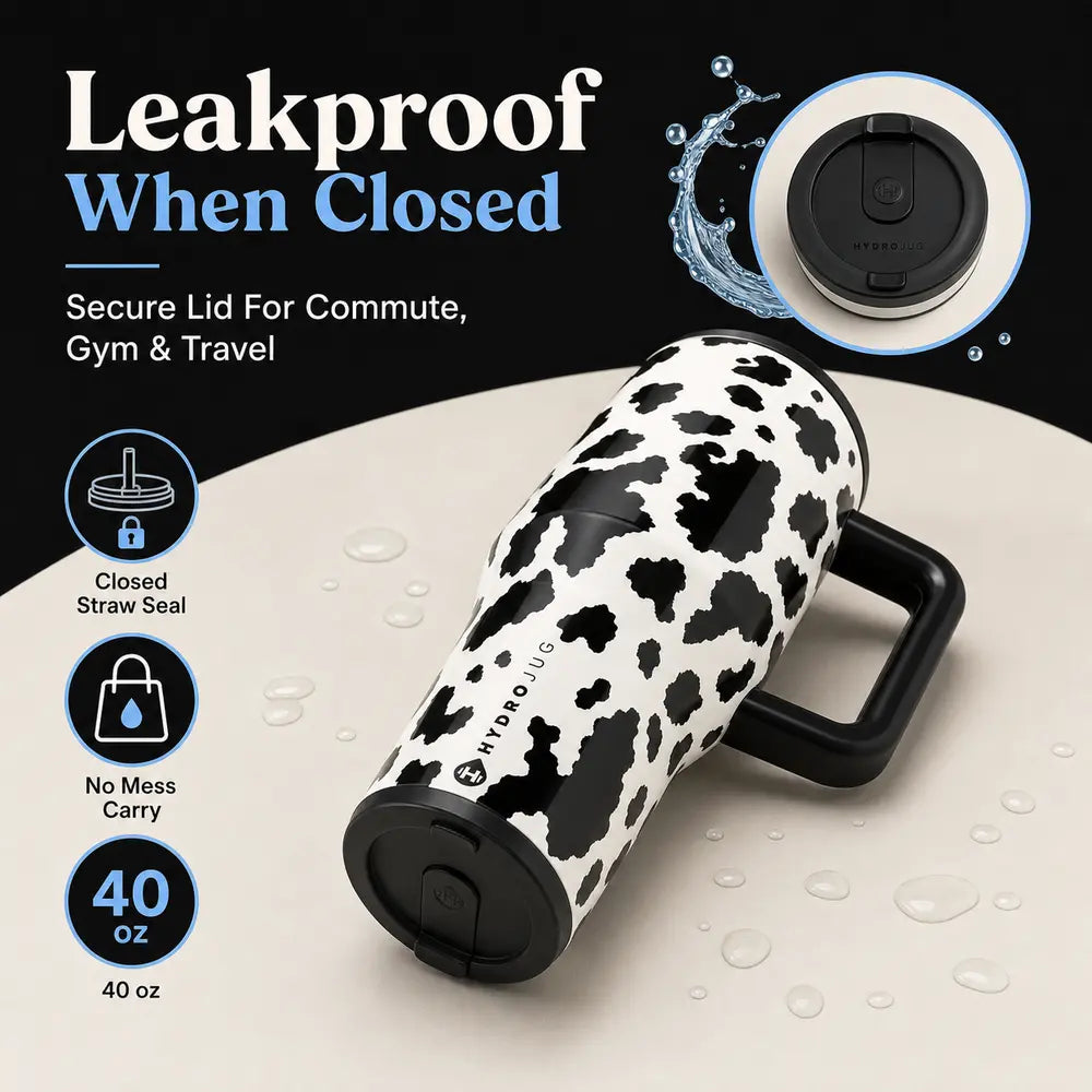 40Oz Hydrojug Traveler Wide Mouth Cow Print Tumbler - Reusable Stainless Steel Vacuum Flask with Handle, Flip Straw Lid, Leakproof Triple-Wall Insulation, Black and White Cowhide, Cowgirl Gift for Women
