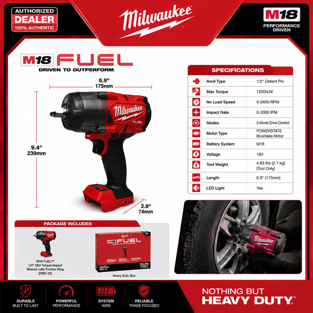 Milwaukee M18 FUEL 2962-20 18V Brushless Cordless High Torque Impact Wrench, 1/2" Drive, 1200 Nm Torque, LED Lighting Car Tool for Tire Change, Lug Nut Remover for Car & SUV Repair, Tools and Gadgets, Work Tools