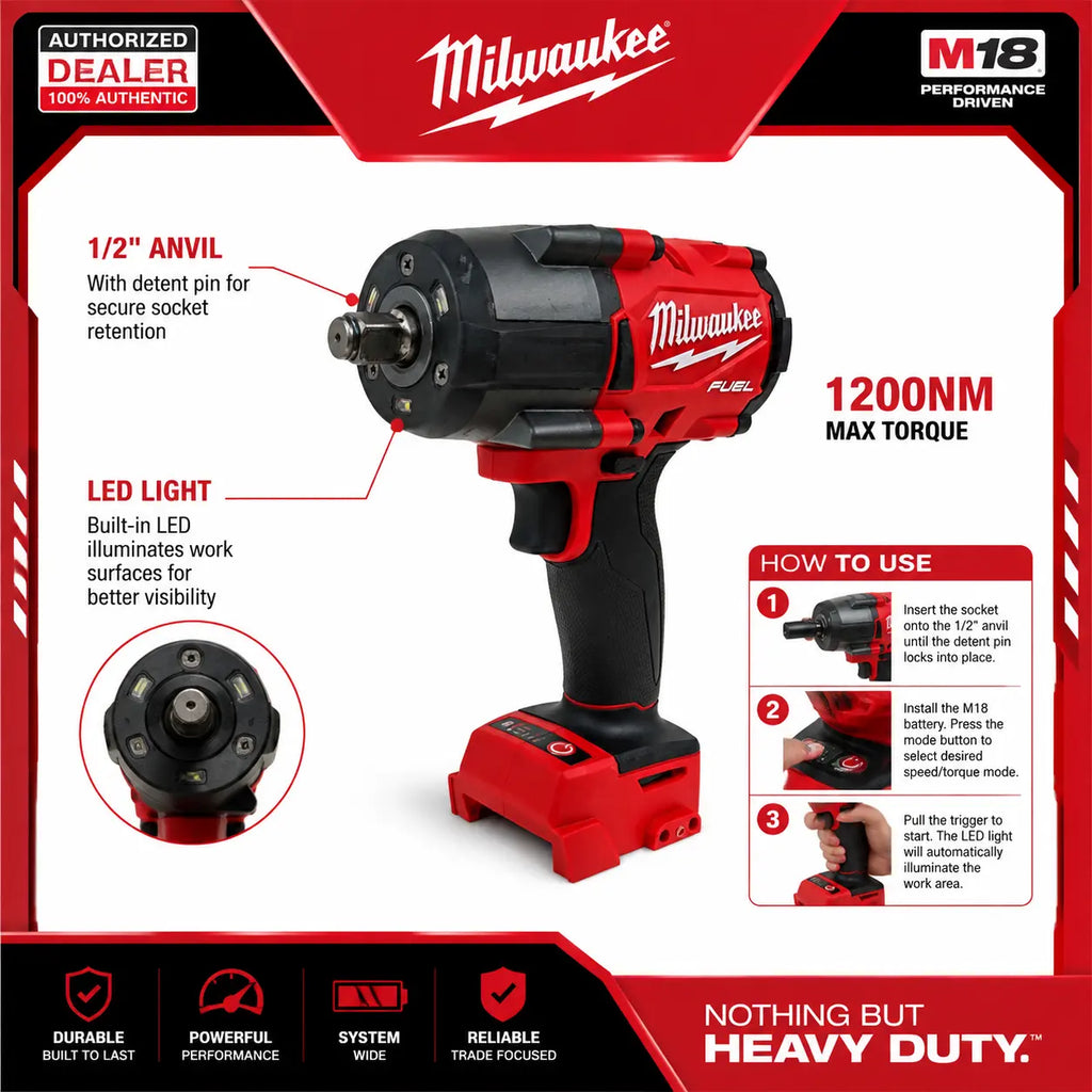 Milwaukee M18 FUEL 2962-20 18V Brushless Cordless High Torque Impact Wrench, 1/2" Drive, 1200 Nm Torque, LED Lighting Car Tool for Tire Change, Lug Nut Remover for Car & SUV Repair, Tools and Gadgets, Work Tools