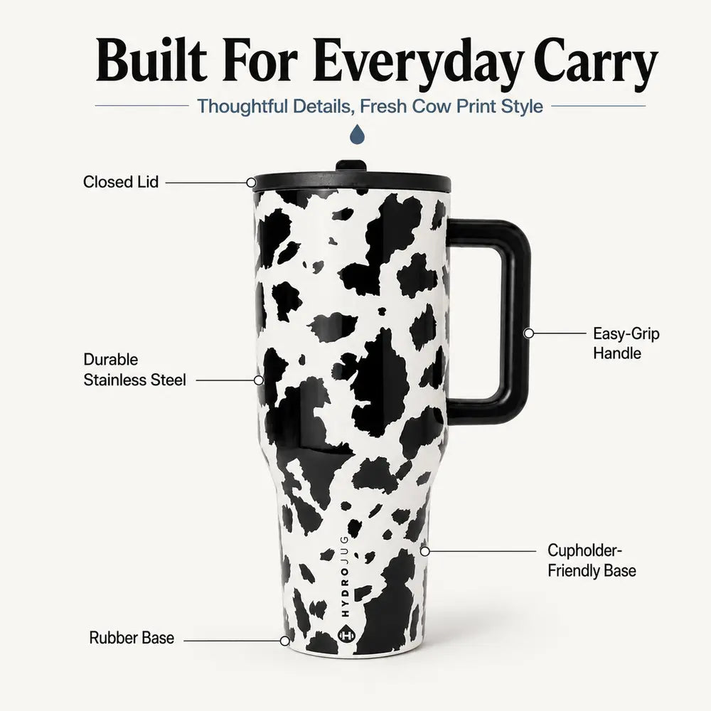 40Oz Hydrojug Traveler Wide Mouth Cow Print Tumbler - Reusable Stainless Steel Vacuum Flask with Handle, Flip Straw Lid, Leakproof Triple-Wall Insulation, Black and White Cowhide, Cowgirl Gift for Women