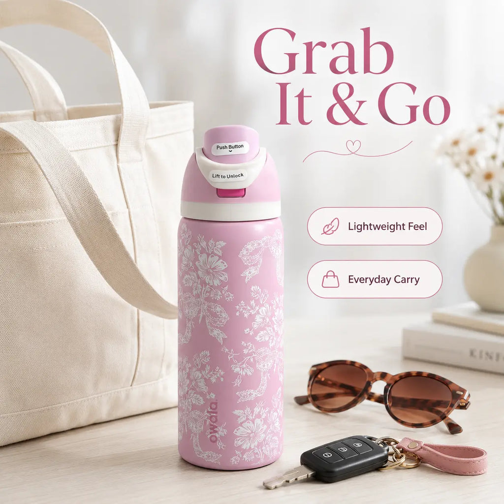 Owala 32Oz Stylish Pink Floral Team Logo Freesip Reusable Vacuum-Insulated Stainless Steel Flask, Drink Tumbler with Straw Lid for School, Travel, Daily Hydration, Flasks