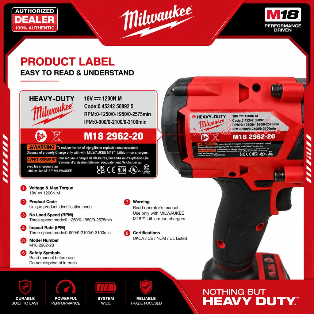Milwaukee M18 FUEL 2962-20 18V Brushless Cordless High Torque Impact Wrench, 1/2" Drive, 1200 Nm Torque, LED Lighting Car Tool for Tire Change, Lug Nut Remover for Car & SUV Repair, Tools and Gadgets, Work Tools