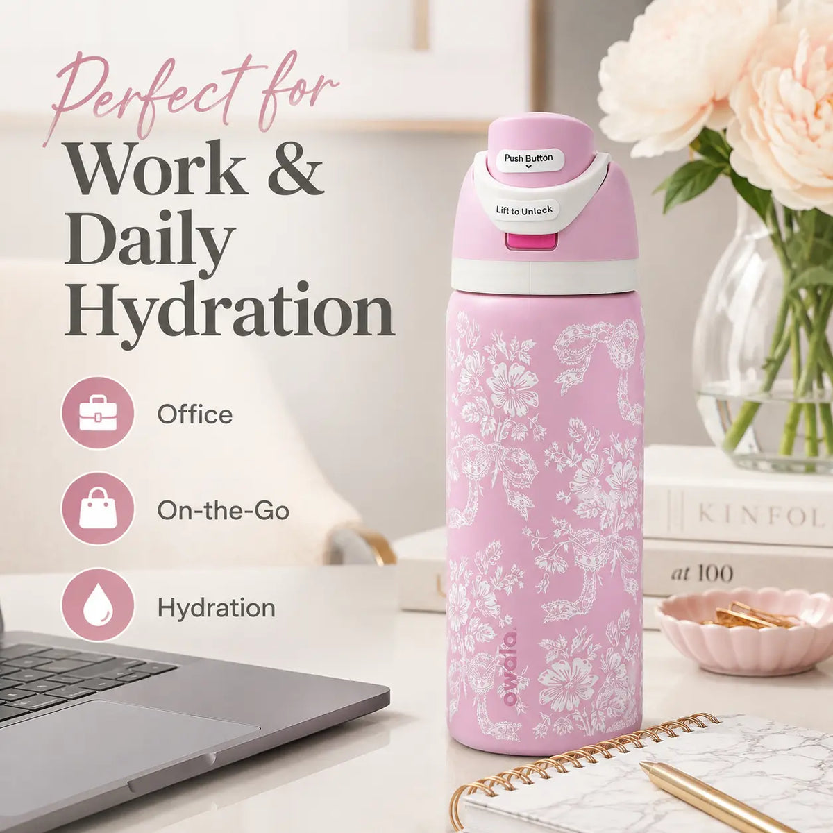 Owala 32Oz Stylish Pink Floral Team Logo Freesip Reusable Vacuum-Insulated Stainless Steel Flask, Drink Tumbler with Straw Lid for School, Travel, Daily Hydration, Flasks