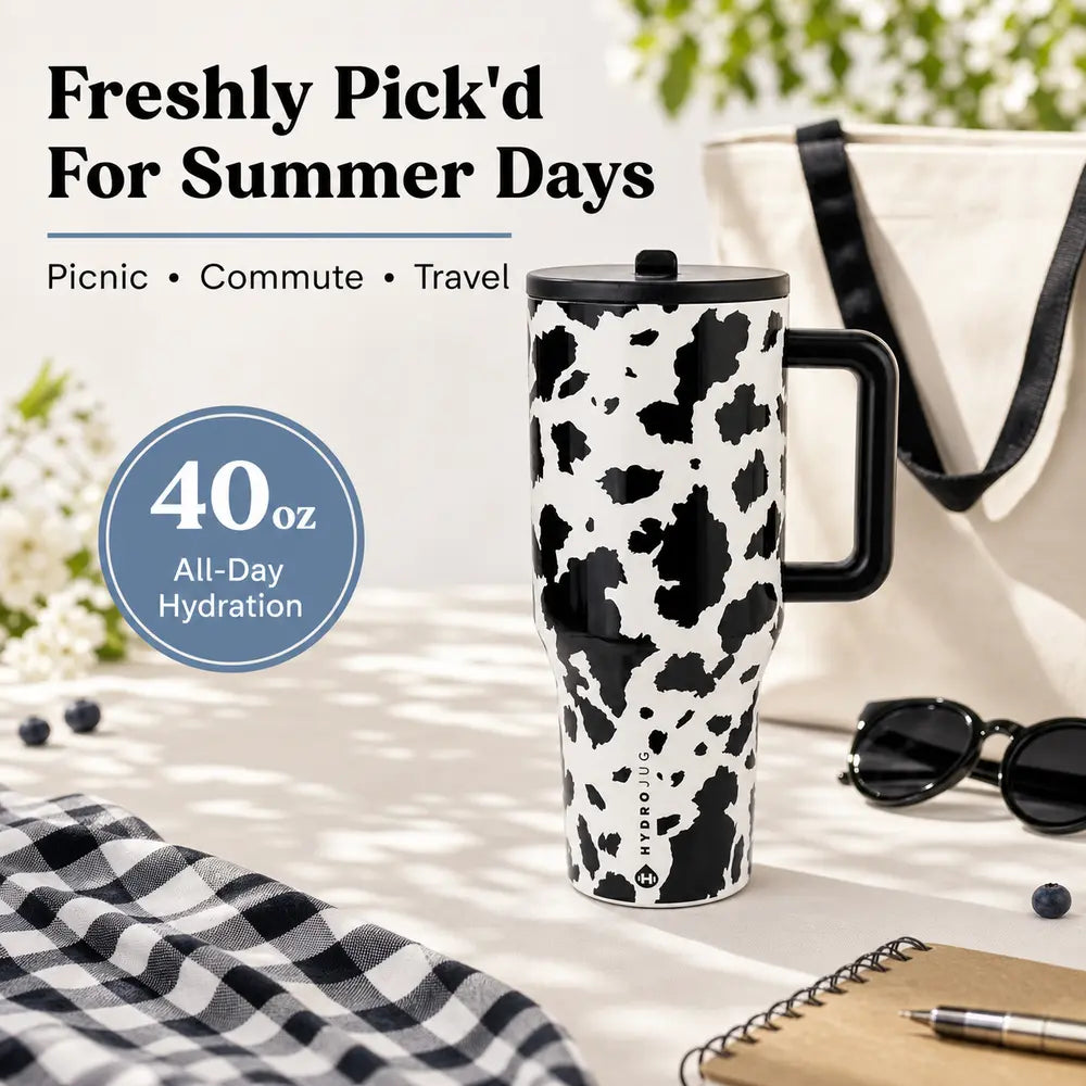 40Oz Hydrojug Traveler Wide Mouth Cow Print Tumbler - Reusable Stainless Steel Vacuum Flask with Handle, Flip Straw Lid, Leakproof Triple-Wall Insulation, Black and White Cowhide, Cowgirl Gift for Women