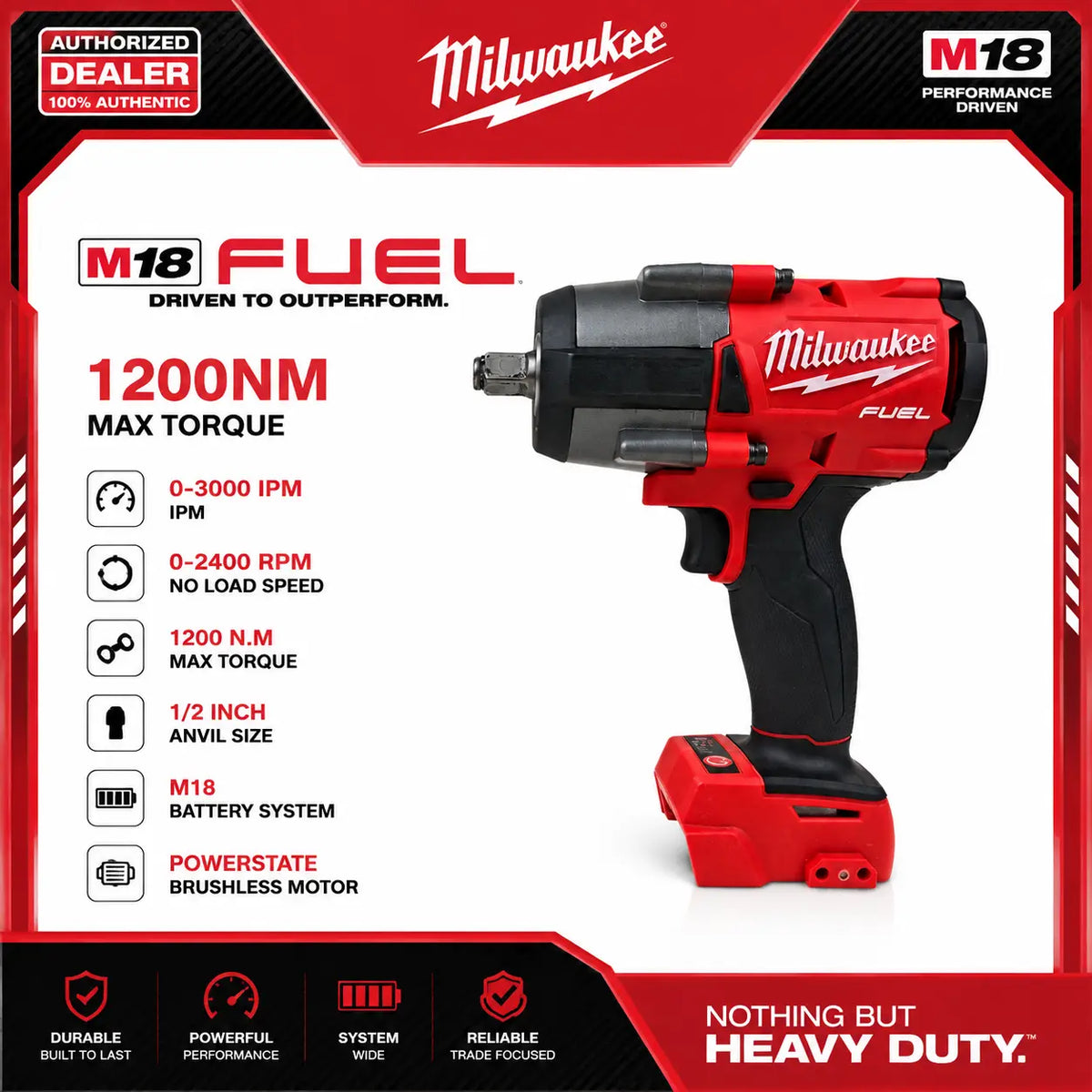 Milwaukee M18 FUEL 2962-20 18V Brushless Cordless High Torque Impact Wrench, 1/2" Drive, 1200 Nm Torque, LED Lighting Car Tool for Tire Change, Lug Nut Remover for Car & SUV Repair, Tools and Gadgets, Work Tools
