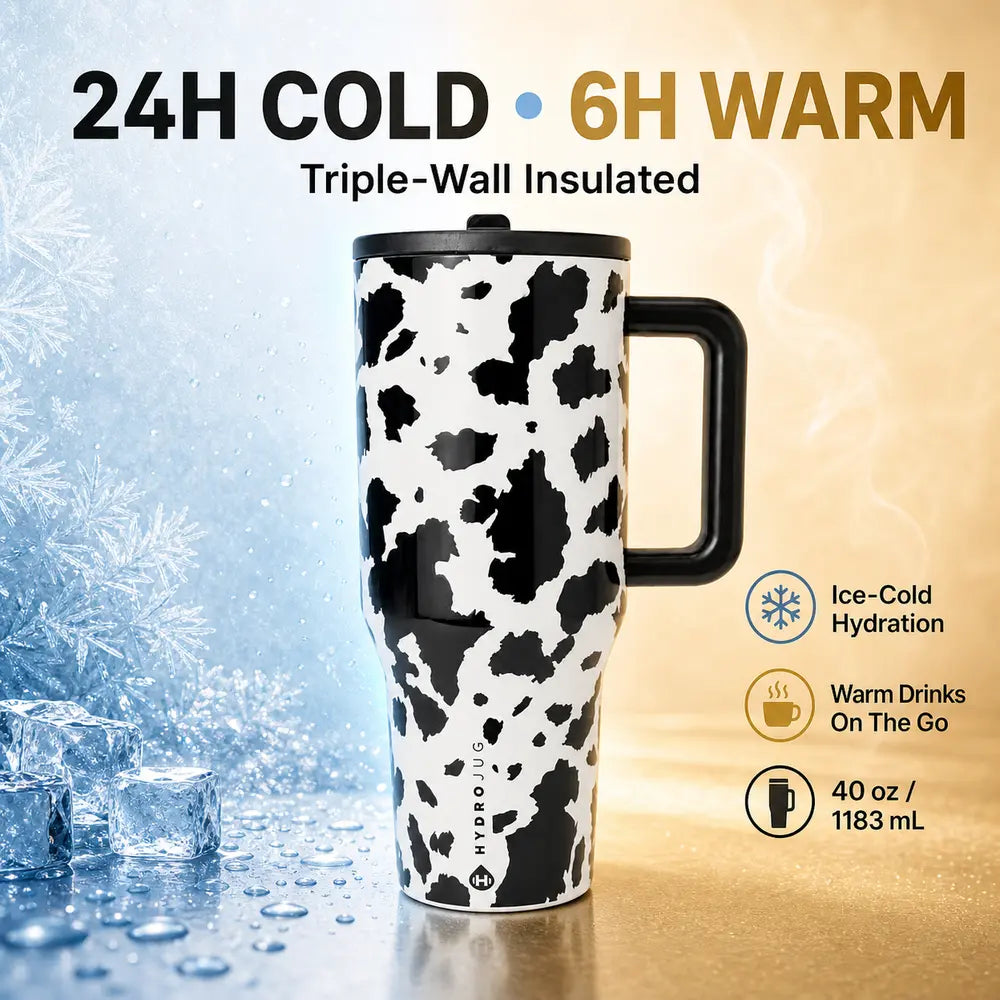 40Oz Hydrojug Traveler Wide Mouth Cow Print Tumbler - Reusable Stainless Steel Vacuum Flask with Handle, Flip Straw Lid, Leakproof Triple-Wall Insulation, Black and White Cowhide, Cowgirl Gift for Women
