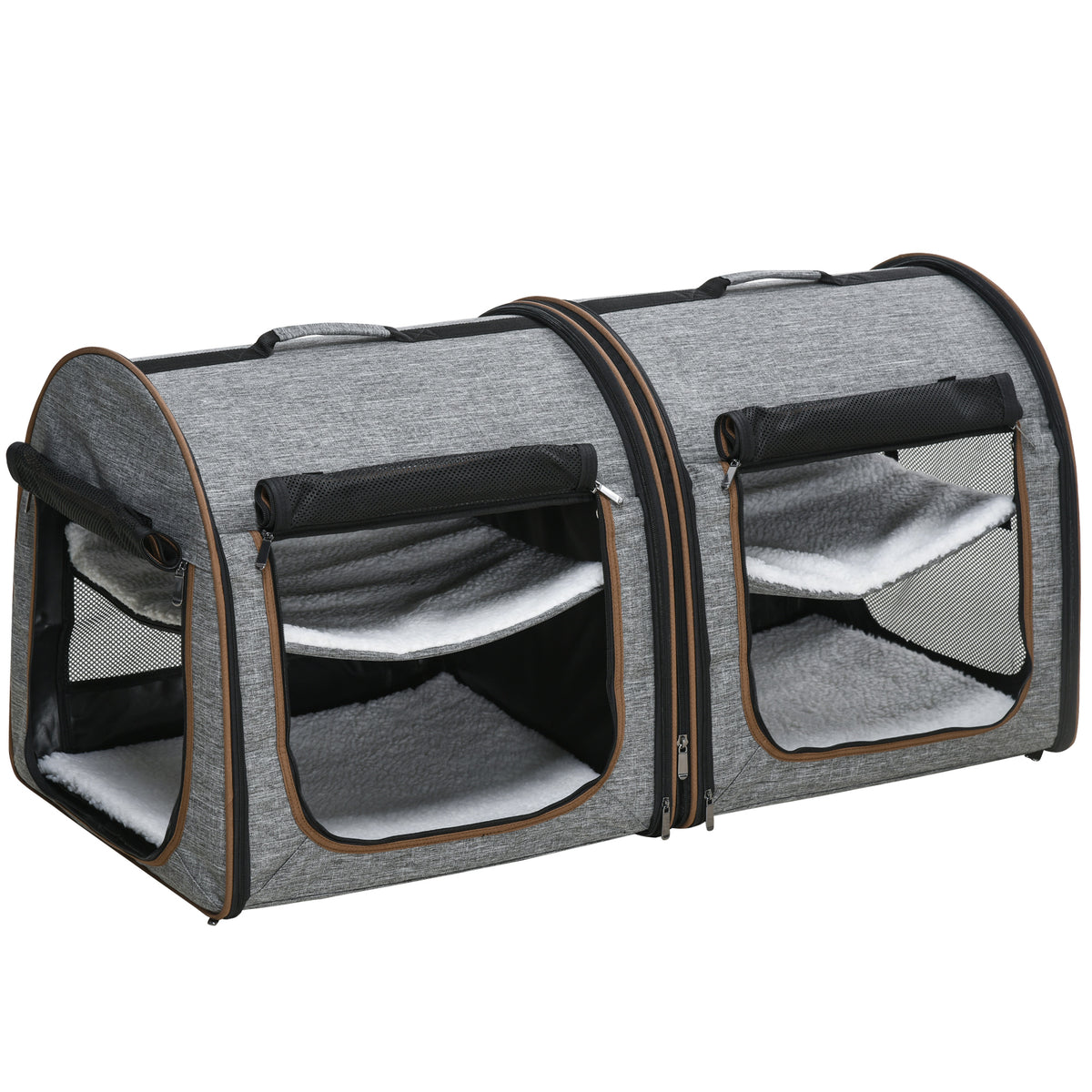 Portable Soft-Sided Pet Cat Carrier with Divider, Two Compartments, Padded and Storage Bag, Grey
