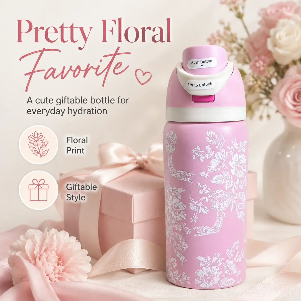 Owala 32Oz Stylish Pink Floral Team Logo Freesip Reusable Vacuum-Insulated Stainless Steel Flask, Drink Tumbler with Straw Lid for School, Travel, Daily Hydration, Flasks