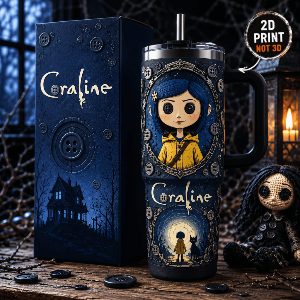 Coraline Tumbler 20Oz/30Oz/40Oz with Handle & Straw, Button Eye Gothic Horror Fantasy Insulated Stainless Steel Travel Cup, Collector Gift for Fans