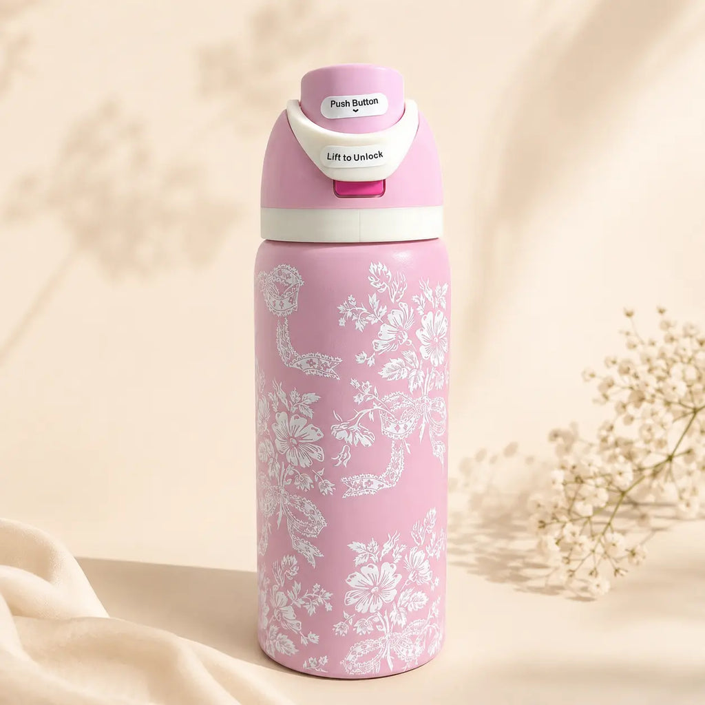 Owala 32Oz Stylish Pink Floral Team Logo Freesip Reusable Vacuum-Insulated Stainless Steel Flask, Drink Tumbler with Straw Lid for School, Travel, Daily Hydration, Flasks