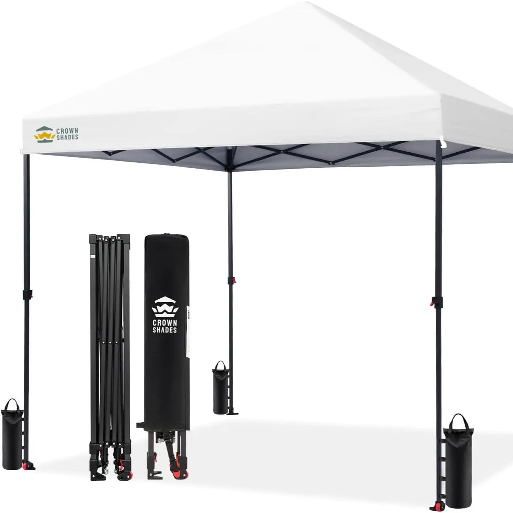CROWN SHADES 8X8 Pop up Canopy - Patented Center Lock One Push Instant Outdoor Canopy Beach Tent with Sto-N-Go Bag 8 Stakes & 4 Sand Bags，White