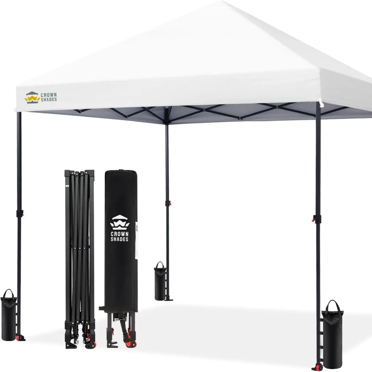 CROWN SHADES 8X8 Pop up Canopy - Patented Center Lock One Push Instant Outdoor Canopy Beach Tent with Sto-N-Go Bag 8 Stakes & 4 Sand Bags，White
