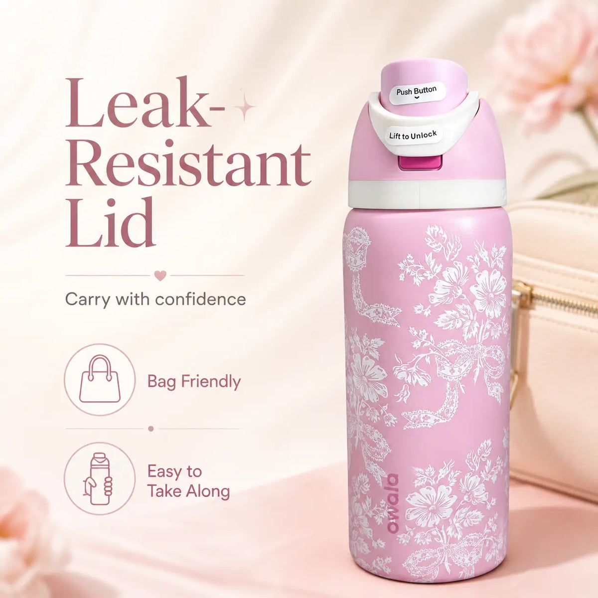 Owala 32Oz Stylish Pink Floral Team Logo Freesip Reusable Vacuum-Insulated Stainless Steel Flask, Drink Tumbler with Straw Lid for School, Travel, Daily Hydration, Flasks
