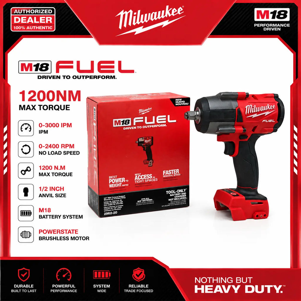 Milwaukee M18 FUEL 2962-20 18V Brushless Cordless High Torque Impact Wrench, 1/2" Drive, 1200 Nm Torque, LED Lighting Car Tool for Tire Change, Lug Nut Remover for Car & SUV Repair, Tools and Gadgets, Work Tools
