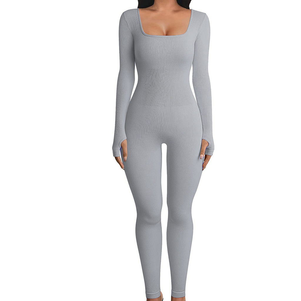 Fall Winter Hot-Selling Women'S Clothing Long Sleeve Jumpsuit Yoga Sexy One-Piece Square Collar Sportwear