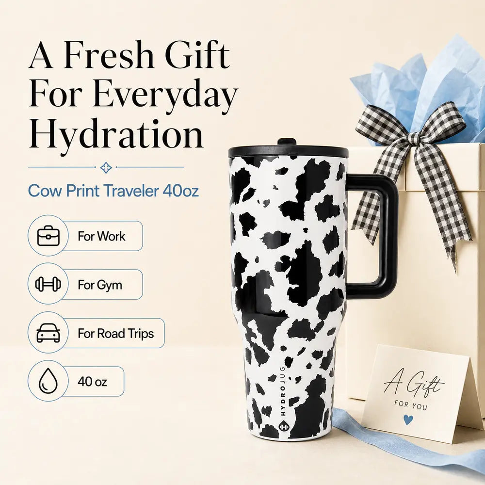 40Oz Hydrojug Traveler Wide Mouth Cow Print Tumbler - Reusable Stainless Steel Vacuum Flask with Handle, Flip Straw Lid, Leakproof Triple-Wall Insulation, Black and White Cowhide, Cowgirl Gift for Women