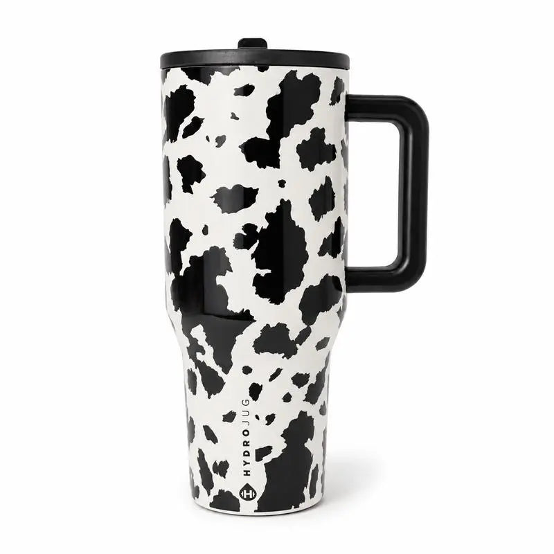 40Oz Hydrojug Traveler Wide Mouth Cow Print Tumbler - Reusable Stainless Steel Vacuum Flask with Handle, Flip Straw Lid, Leakproof Triple-Wall Insulation, Black and White Cowhide, Cowgirl Gift for Women