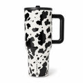 40Oz Hydrojug Traveler Wide Mouth Cow Print Tumbler - Reusable Stainless Steel Vacuum Flask with Handle, Flip Straw Lid, Leakproof Triple-Wall Insulation, Black and White Cowhide, Cowgirl Gift for Women