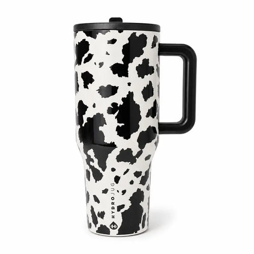 40Oz Hydrojug Traveler Wide Mouth Cow Print Tumbler - Reusable Stainless Steel Vacuum Flask with Handle, Flip Straw Lid, Leakproof Triple-Wall Insulation, Black and White Cowhide, Cowgirl Gift for Women