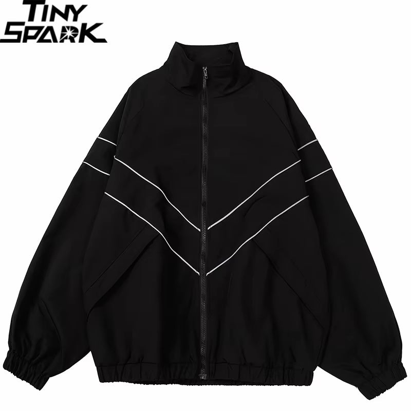 Men Hip Hop Streetwear Reflective Striped Jacket Coat Zipper up Jacket Windbreaker Harajuku Thin Jacket Sports Black Blue
