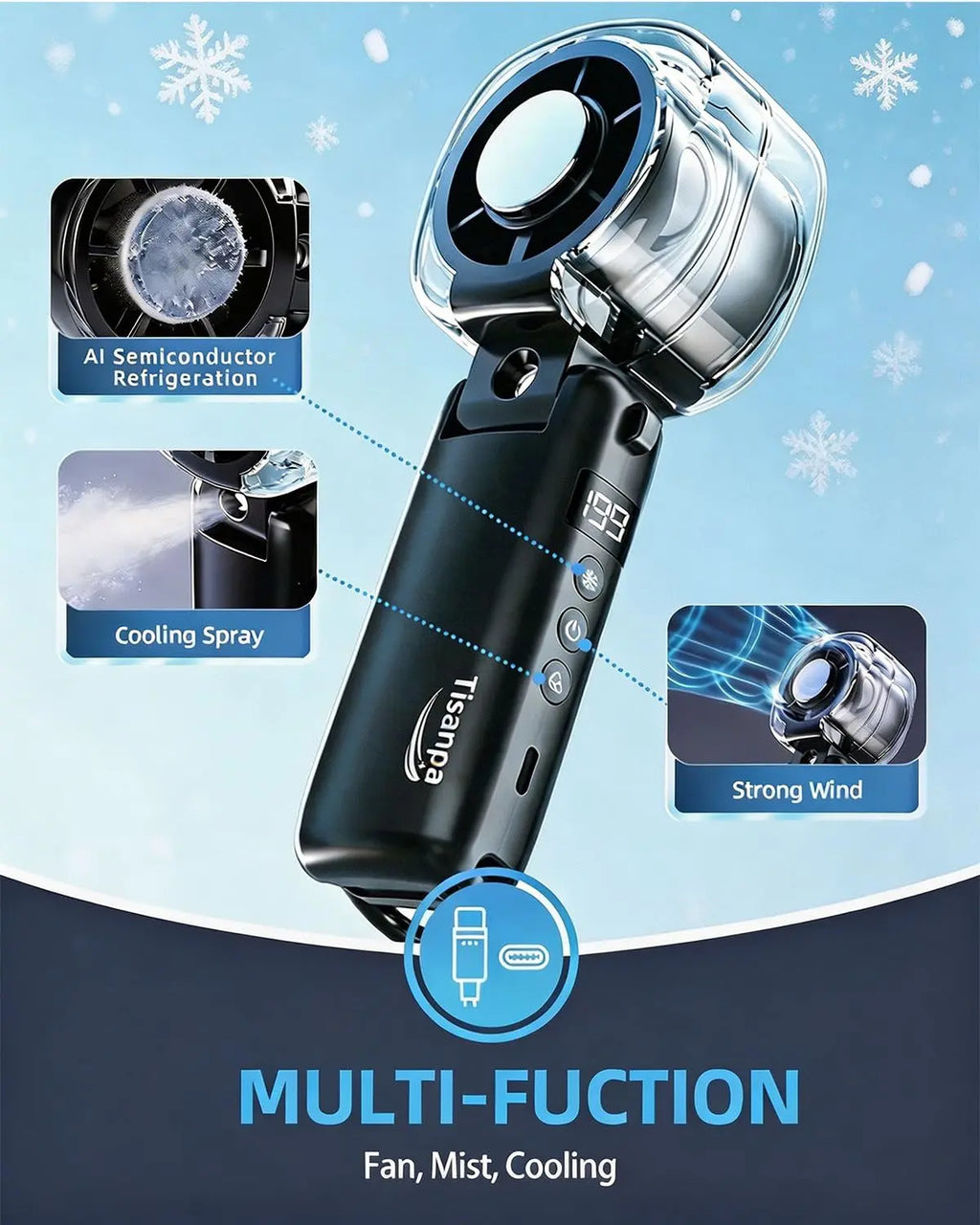 Portable Multifunctional Mist+Fan - Handheld High-Speed Cordless Compact Fan with Semiconductor Cooling, Rechargeable 199-Speed Mini Desk Fan for Summer Outdoor Travel Essentials