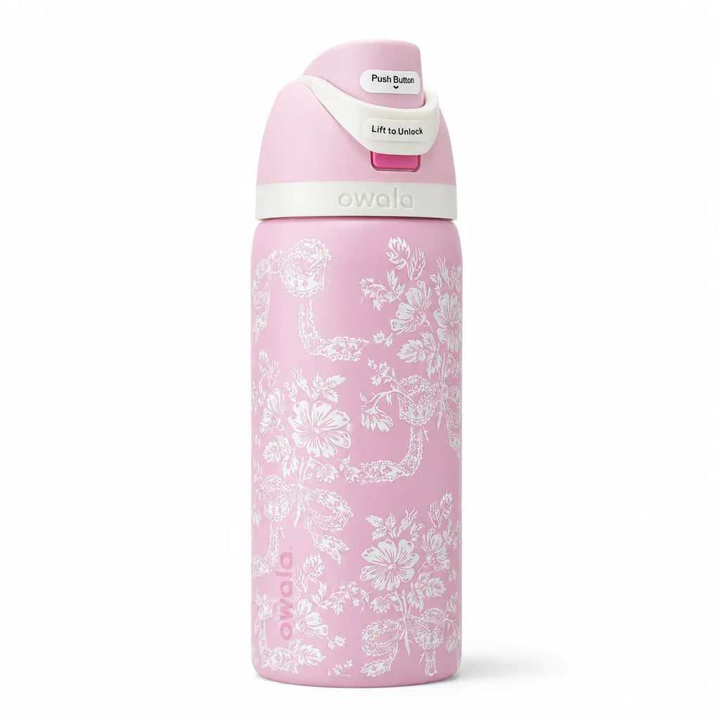 Owala 32Oz Stylish Pink Floral Team Logo Freesip Reusable Vacuum-Insulated Stainless Steel Flask, Drink Tumbler with Straw Lid for School, Travel, Daily Hydration, Flasks