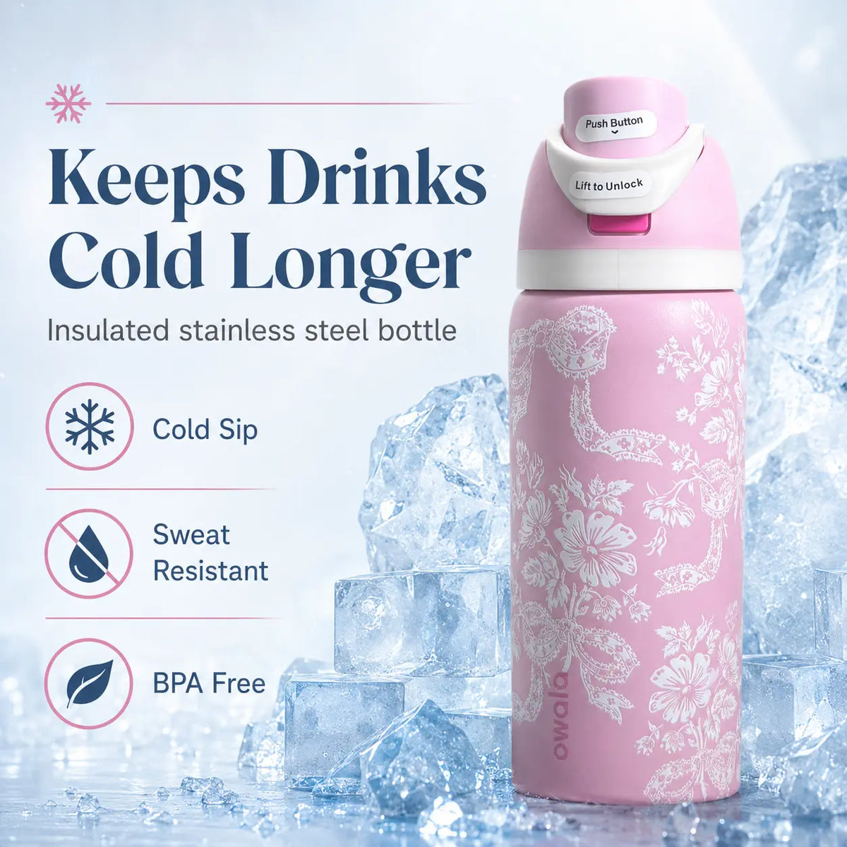 Owala 32Oz Stylish Pink Floral Team Logo Freesip Reusable Vacuum-Insulated Stainless Steel Flask, Drink Tumbler with Straw Lid for School, Travel, Daily Hydration, Flasks