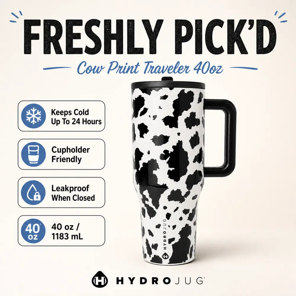 40Oz Hydrojug Traveler Wide Mouth Cow Print Tumbler - Reusable Stainless Steel Vacuum Flask with Handle, Flip Straw Lid, Leakproof Triple-Wall Insulation, Black and White Cowhide, Cowgirl Gift for Women