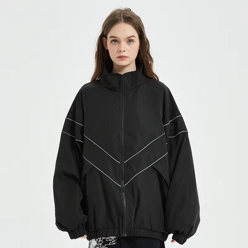 Men Hip Hop Streetwear Reflective Striped Jacket Coat Zipper up Jacket Windbreaker Harajuku Thin Jacket Sports Black Blue