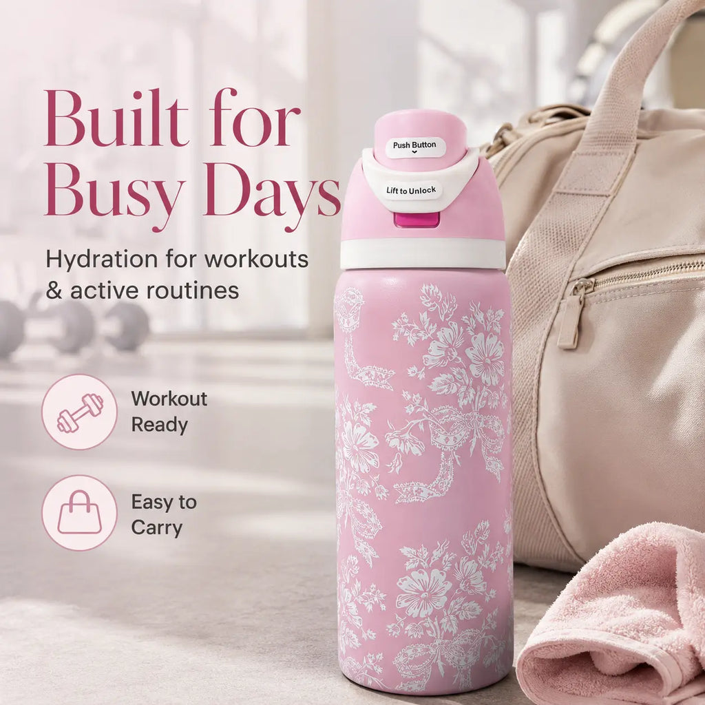 Owala 32Oz Stylish Pink Floral Team Logo Freesip Reusable Vacuum-Insulated Stainless Steel Flask, Drink Tumbler with Straw Lid for School, Travel, Daily Hydration, Flasks