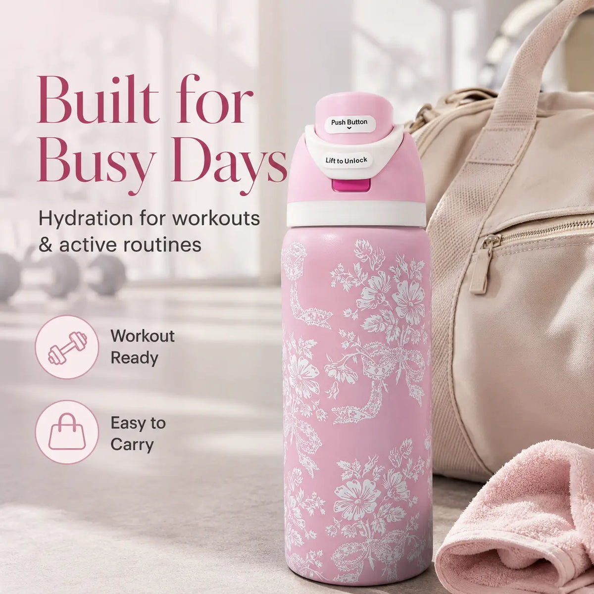 Owala 32Oz Stylish Pink Floral Team Logo Freesip Reusable Vacuum-Insulated Stainless Steel Flask, Drink Tumbler with Straw Lid for School, Travel, Daily Hydration, Flasks