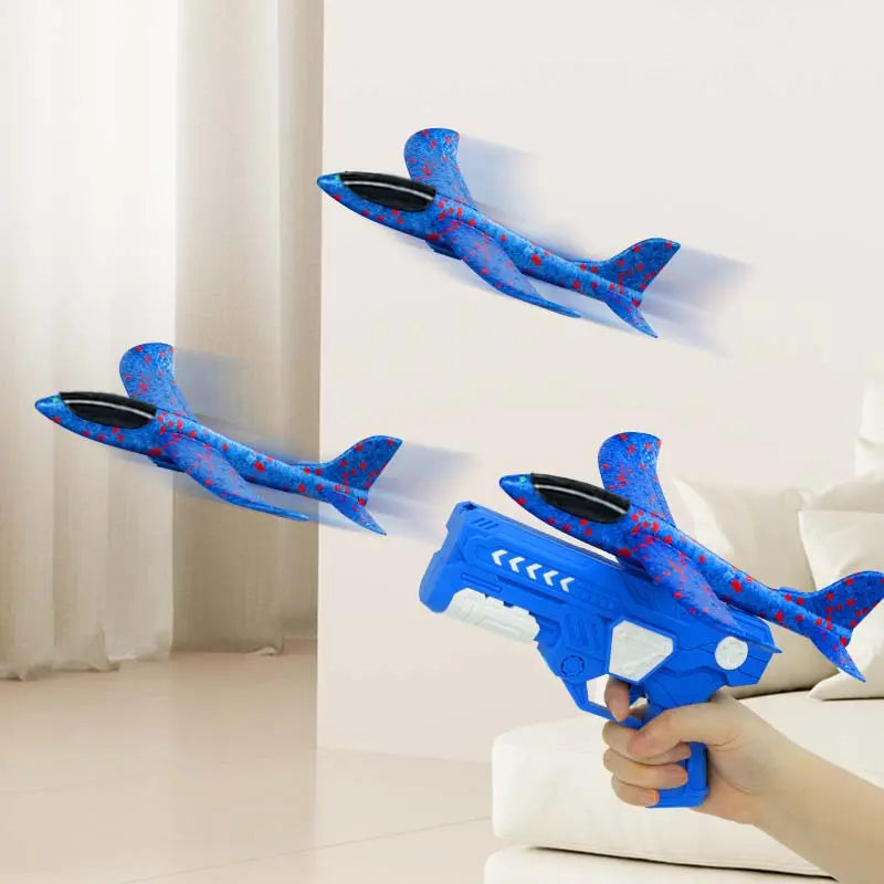 Foam Glider Airplane Launcher Toy for Kids 9.45-Inch Airplane with 2 Flight Modes Outdoor Flying Fun Gift for Boys and Girls Ages 4-12 1 Blue Launcher Contains 3 Airplane Toys