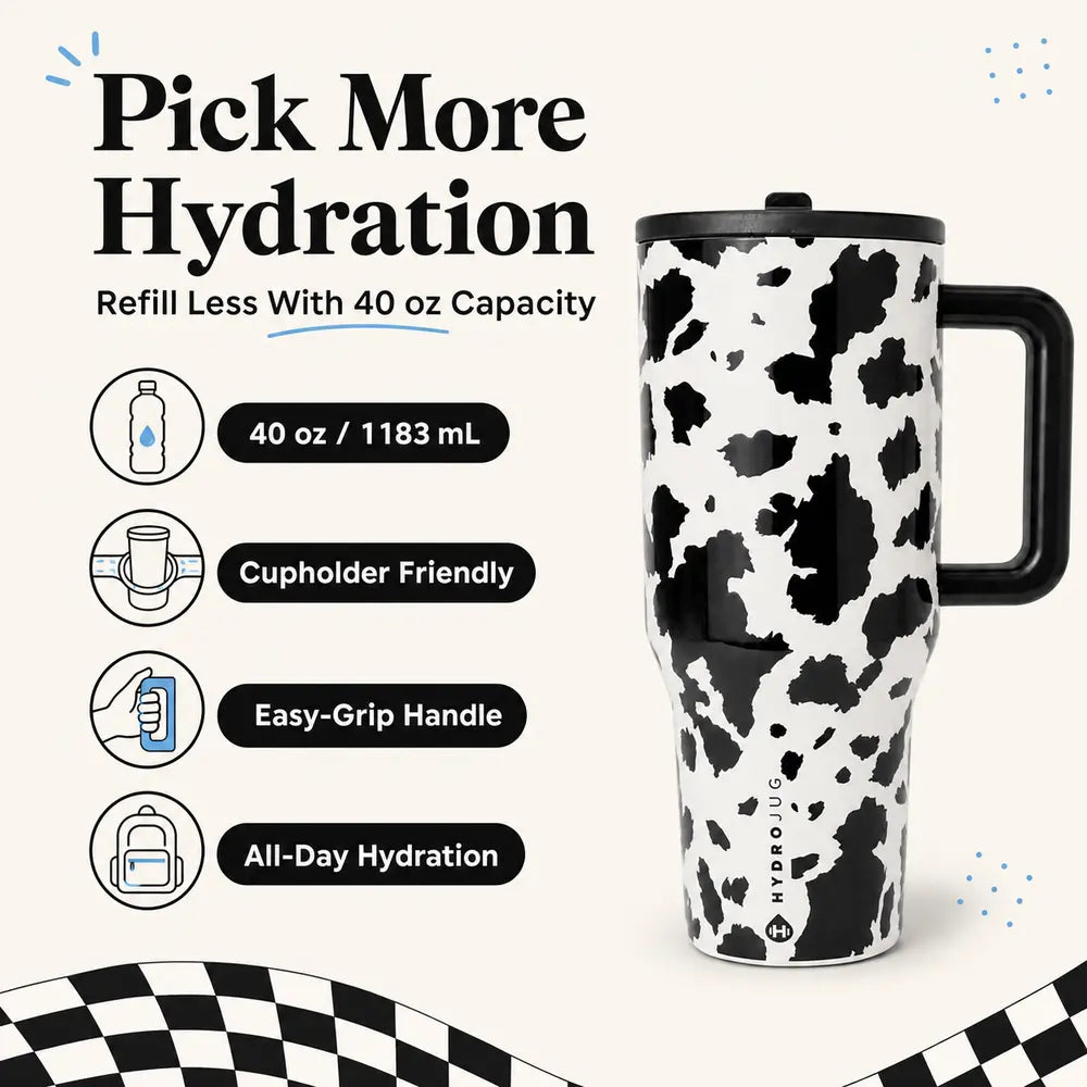 40Oz Hydrojug Traveler Wide Mouth Cow Print Tumbler - Reusable Stainless Steel Vacuum Flask with Handle, Flip Straw Lid, Leakproof Triple-Wall Insulation, Black and White Cowhide, Cowgirl Gift for Women
