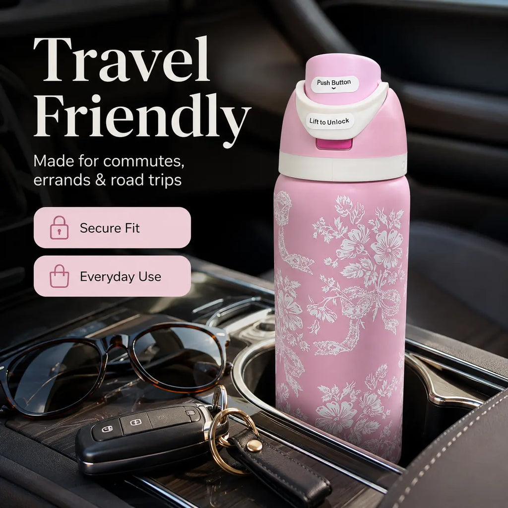 Owala 32Oz Stylish Pink Floral Team Logo Freesip Reusable Vacuum-Insulated Stainless Steel Flask, Drink Tumbler with Straw Lid for School, Travel, Daily Hydration, Flasks