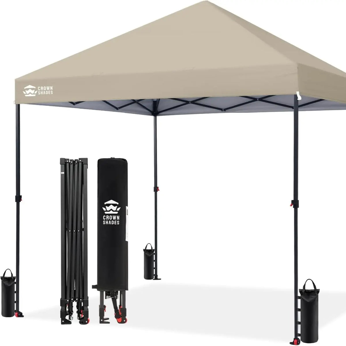 CROWN SHADES 8X8 Pop up Canopy - Patented Center Lock One Push Instant Outdoor Canopy Beach Tent with Sto-N-Go Bag 8 Stakes & 4 Sand Bags，White